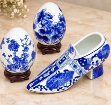 Vintage Chinoiserie Blue & White Porcelain Figurines Shoe, Eggs Decorative Set picture