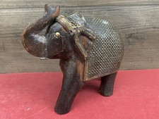 VTG Hand Carved Wood Elephant Statue From India 6” Tall Gold Accents  King Tut ? picture