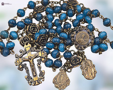 St Therese & Sacred Heart of Jesus Rosary, Roses, Heirloom Bronze, Blue Jade picture