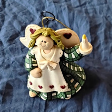 Vtg 1990s Country Angel Polymer Clay Style Ornament Green Plaid Dress Candle picture