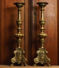 Antique One Pair of Bronze Candlesticks with Lion Paws and Flower decor 1800's picture