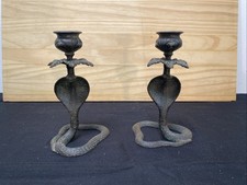 Pair Vintage Cast Iron Cobra Candlesticks Candle Holders, 5 1/2” picture