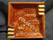 Vintage 1940s Brown Glazed Clay Ashtray Souvenir Of Colorado Denver Estes Park picture
