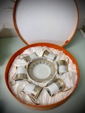 Vintage Fine Porcelain Espresso Cup and Saucer Set w Fleur-de-Lis Gold Trim picture