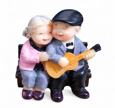 Miniature Elderly Couple Guitar Figurine Romantic Love Bench Statue Gift Decor picture