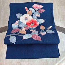 Vintage Nagoya Obi Silk Blue-Brown Camellia Pattern Unused Near Mint picture