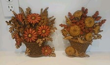 2 VTG BURWOOD HOMCO HOME INTERIOR SYROCO BROWN RUST BASKET FLORAL WALL PLAQUE picture