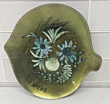 VINTAGE SASCHA BRASTOFF OLIVE GREEN ENAMEL COPPER TRINKET TRAY DISH SIGNED 6