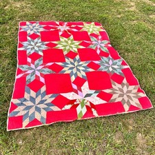 Vintage Hand Quilted Star Patchwork Red Cotton Cutter Quilt 86x64 Rustic picture