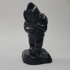 Vtg Boma Inuit Eskimo Figure 4” Canada Inuit Hand Carved Black Soapstone Sculpt picture