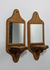 Vintage Pair of Rustic Solid Oak Wood Mirror Wall Shelves Sconces Candle Holder picture