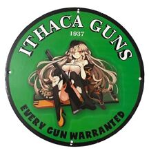 VINTAGE ITHACA GUNS PINUP GIRL GAS OIL PUMP GARAGE SERVICE PROCELAIN ENAMEL SIGN picture