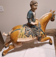DEFECTIVE Chinese Pottery Tri Colored Horse and Rider Figurine Tang Dyna G3D picture