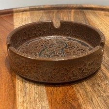 Vintage MCM Brown Stoneware Owl Ashtray Teal Blue Incised Ceramic Trinket Dish picture