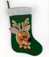 Vintage Bucilla 3D Large Felt Appliqué Christmas Stocking Reindeer Holly Green picture