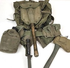 WWII US Army Field Gear Lot M1945 Pack Bayonet Shovel Axe Canteen Web Gear picture