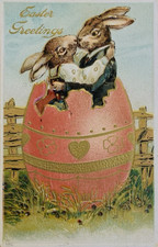 Dressed Romantic Rabbits in Big Egg ~Hearts~Antique~Easter Fantasy Postcard~s580 picture