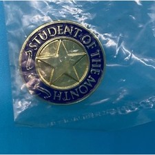 Student of the Month Pin Gold Blue Enamel Round Button Style New in Bag picture