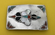 Vintage Unbranded Sterling Silver Native American Gem Bird Inlay Belt Buckle picture