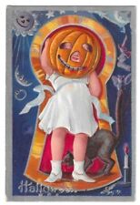 Antique Halloween~Postcard~Girl In Keyhole~ JOL Pumpkin Head~Cat~Bat~Witch~k-29 picture