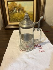 Vintage Transparent Glass Beer Stein JMJ Monogram Ornate Metal Lid Unique Mug picture