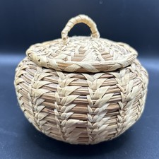 Vintage Papago (Tohono O'odham) Coiled Globular Basket w/ Lid, 4 1/2