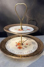 Vintage 1940s 2-Tier Serving Tray Heavy 22k Gold Trim Crest-O-Gold by Sabin picture