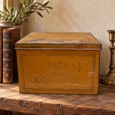 Vintage National Biscuit Company Tin Box Mustard Paint Hinged Lid 10x7x7 picture