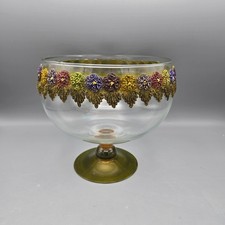 Vintage Clear Glass Footed Compote Bowl Multicolor Beaded Floral Trim Green Base picture