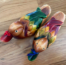 Vintage Korean Wedding Ducks Hand Carved Painted Wood Art Approx 8 in picture