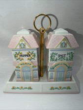 Vintage 1991 Lenox Village Salt & Pepper Shakers Caddy Tray Set Spice Village picture