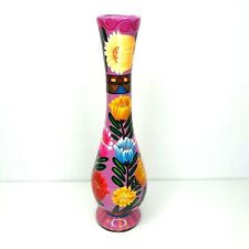 Clay Pottery Long Stem Vase Hand Painted Floral Pink Purple Flowers  picture