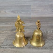 Vintage Brass Bells Lot 2 Gold Tone Angel & Reindeer Ringing Bell Xmas Holiday picture