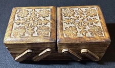 My Mela Handmade India Hand Carved Wooden Expandable Sewing Jewelry Box Floral picture