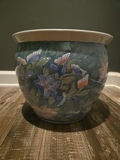 12 Inch vintage chinoiserie porcelain fishbowl planter hand painted Jardinière picture