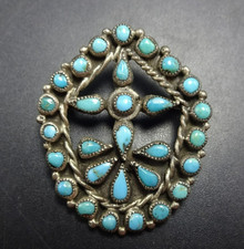 Exquisite OLD Zuni TURQUOISE PETIT POINT Sterling Silver PIN BROOCH Vintage Pawn picture