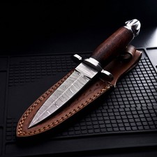 Handmade Damascus double edge dagger rosewood fluted pommel fixed blade w/sheath picture