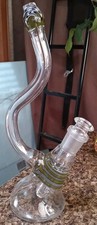 N3RD Rare 3-hole Bong w/Stem Hand Blown Clear Glass green black white trim 9.5