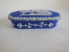 Antique c. 1860 Wedgwood Blue Dip Jasperware Oval Ulysses Box With Taper Holes picture