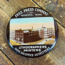 VINTAGE C. 1920 FREE PRESS COMPANY CELLULOID PAPERWEIGHT POCKET MIRROR MINNESOTA picture