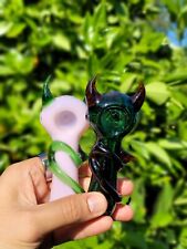 Pink Or Green Demon Devil Horns & Tail, Hand Glass Pipe Bowl Heady Glass, Piece picture