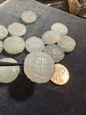 One Vintage Carved Shou Chinese Bead 19 X 9mm Hsiu Jade Stone Green Rounded Coin picture
