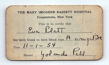 Vintage 1954 Mary Imogene Bassett Hospital Blood Type Card Oneonta NY picture