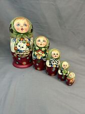 Nesting Dolls 5 Wooden Made in Russia Woman Cat Flowers Baby Complete Folk picture