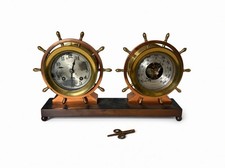 Vintage Chelsea Brass Ship Wheel Clock &  Barometer Desk Set w/ Key Nautical picture