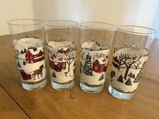 4 Vtg MCM Libbey Winter Village Glass Tumblers Barn Horse Sleigh Retro Holiday picture
