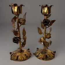 MCM 1950 S. Salvador Pair of 2 Italian Gold Gilt  Floral Candle Holders picture