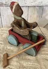 VTG 80’s Christmas Bear Country Pull-A-Long Wooden Toy Wagon Decor picture