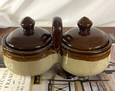 Vintage Double Condiment Crockery Set with Lids Tan Brown Nice picture