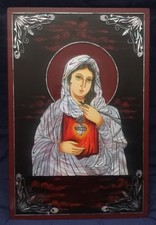Rare Lg. VTG Mother-of-Pearl Inlaid Christian Art Sacred Heart Virgin Mary -23